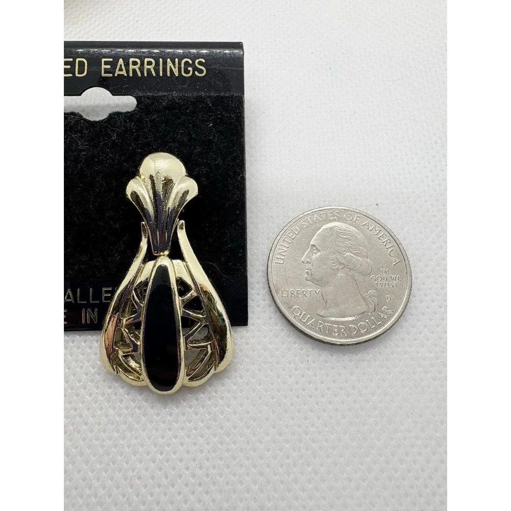 Vintage Gold Tone Pierced Earrings Hypoallergenic Black Accent Hinged USA Dangle